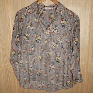 Pleioni Houndstooth Floral Silky Tunic Blouse